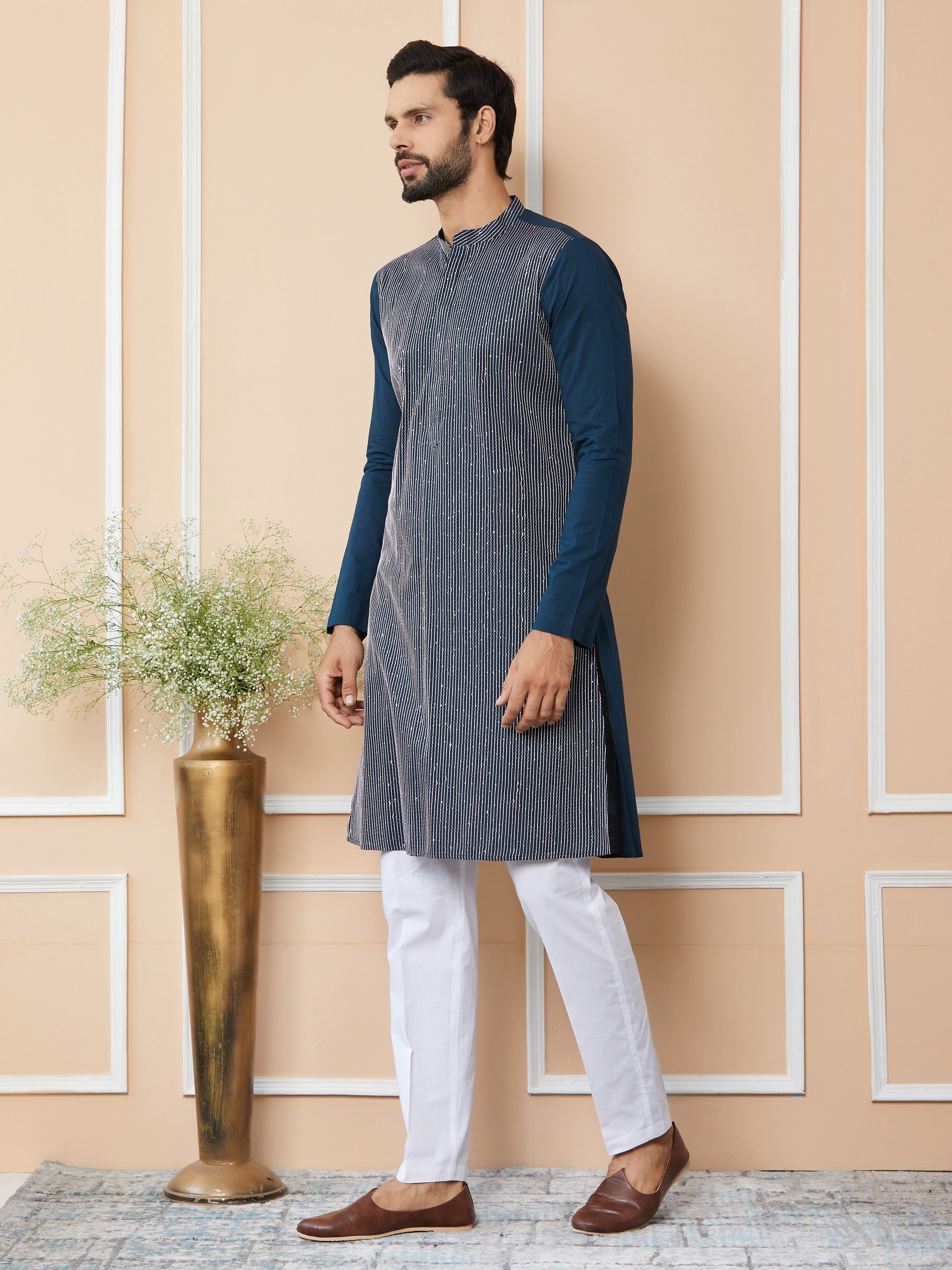 Dark Blue Thread & Sequins Worked Pure Cotton Straight Kurta with Pyjama