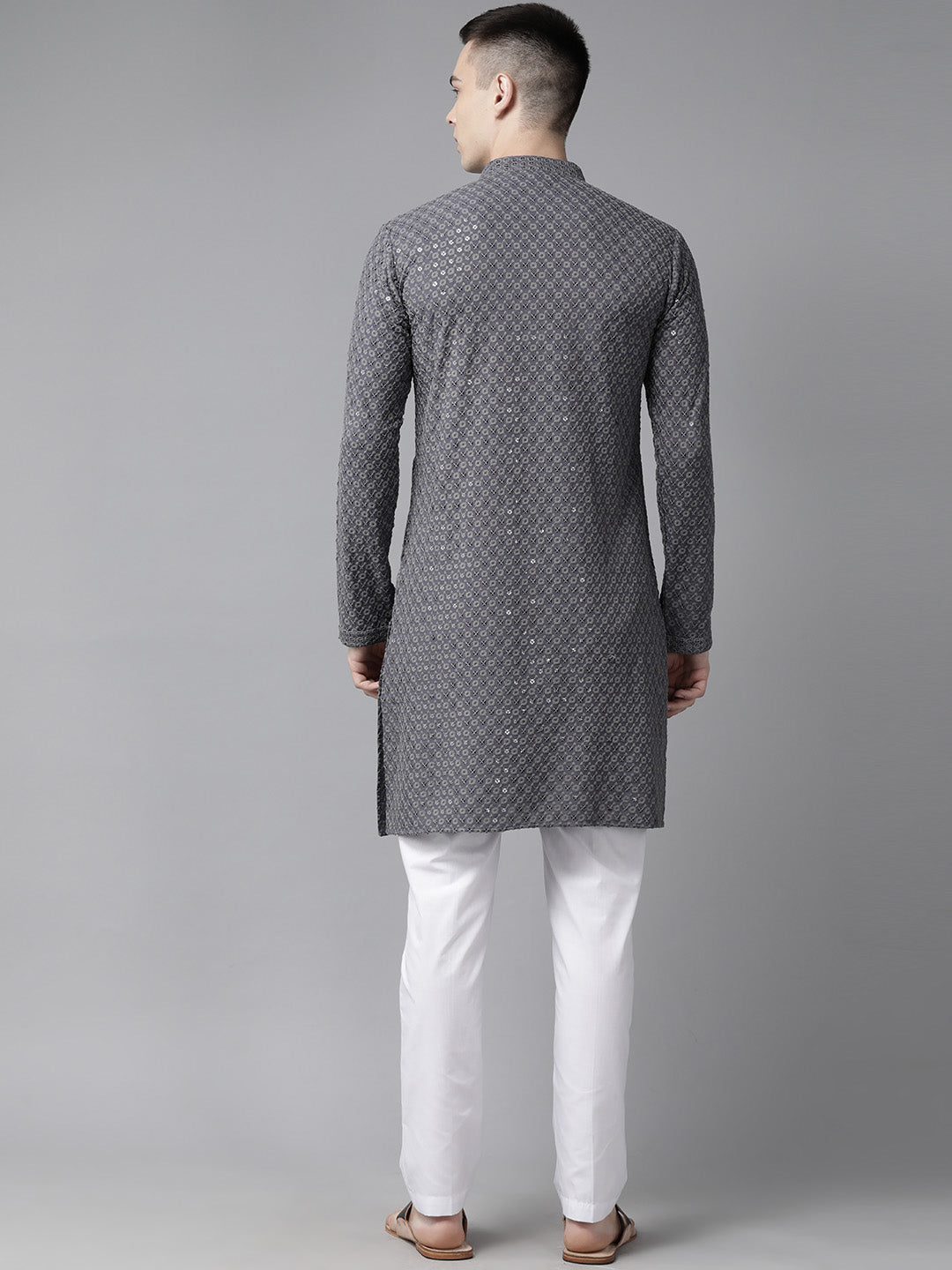 Men Grey Floral Embroidered Sequins Rayon Kurta With pyjama