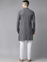 Men Grey Floral Embroidered Sequins Rayon Kurta With pyjama