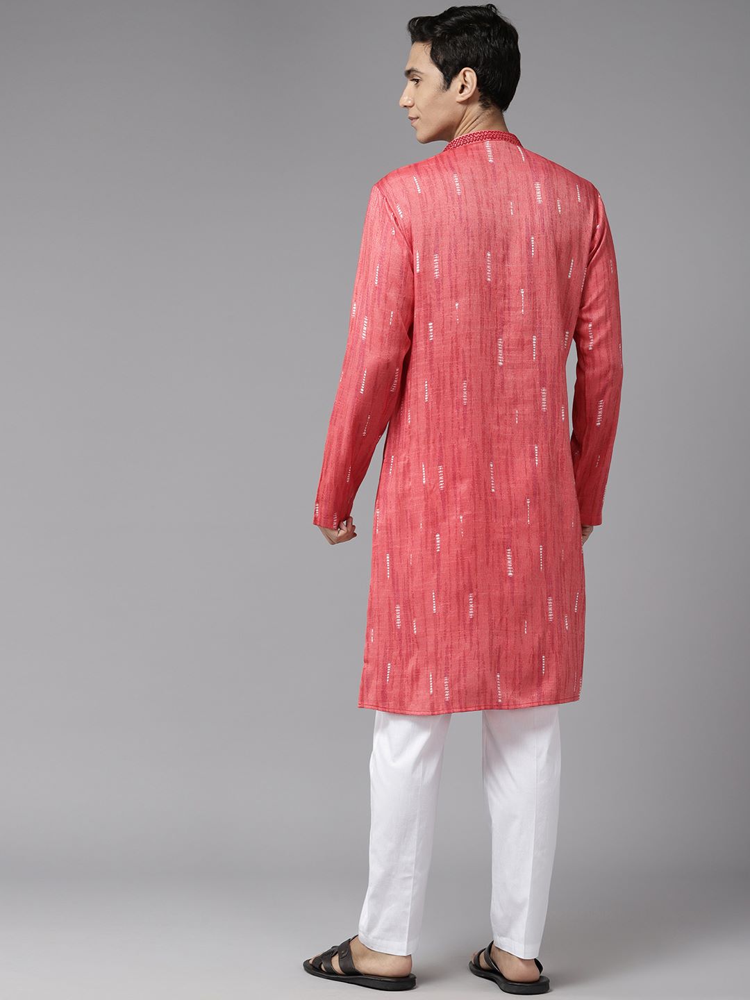 Men Crimson Red with Subtle White Accents Silk Woven Design Straight Kurta With Pajama