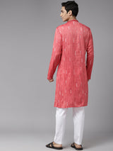 Men Crimson Red with Subtle White Accents Silk Woven Design Straight Kurta With Pajama