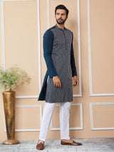 Dark Blue Thread & Sequins Worked Pure Cotton Straight Kurta with Pyjama