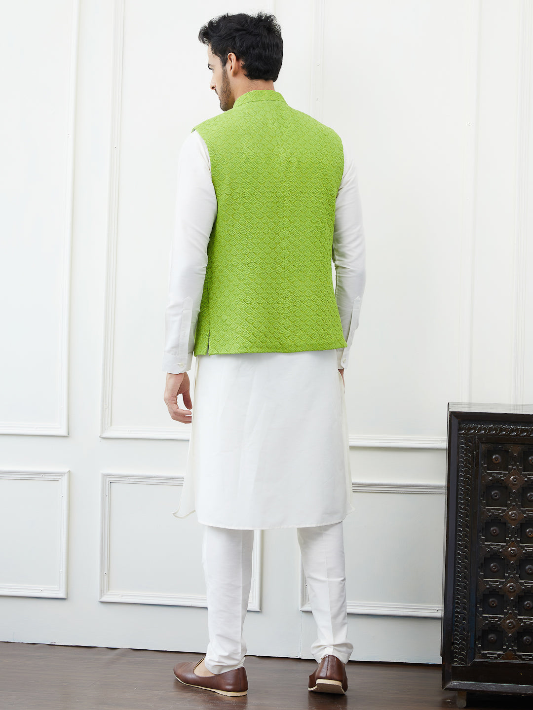 Men Light Green Color Woven Design Embroidery Cotton Nehru Jacket