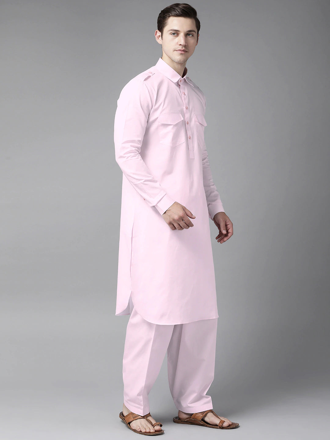 Riwaat.com Men Pink Pathani Kurta with Salwar Riwaat Pathani Plain