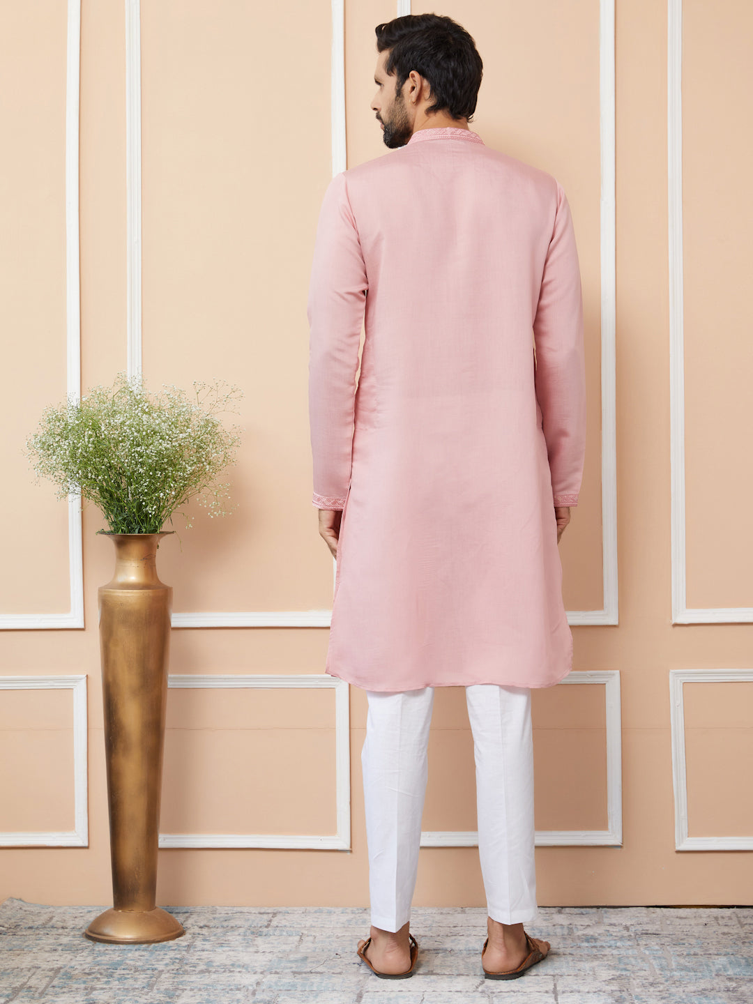 Pale Rose Embroidered Chanderi Silk Straight Kurta with Pyjama