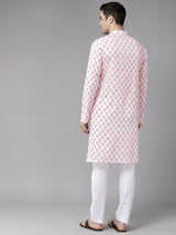 Men White & Orange Pure Cotton Embroidered Straight Kurta With Pajama