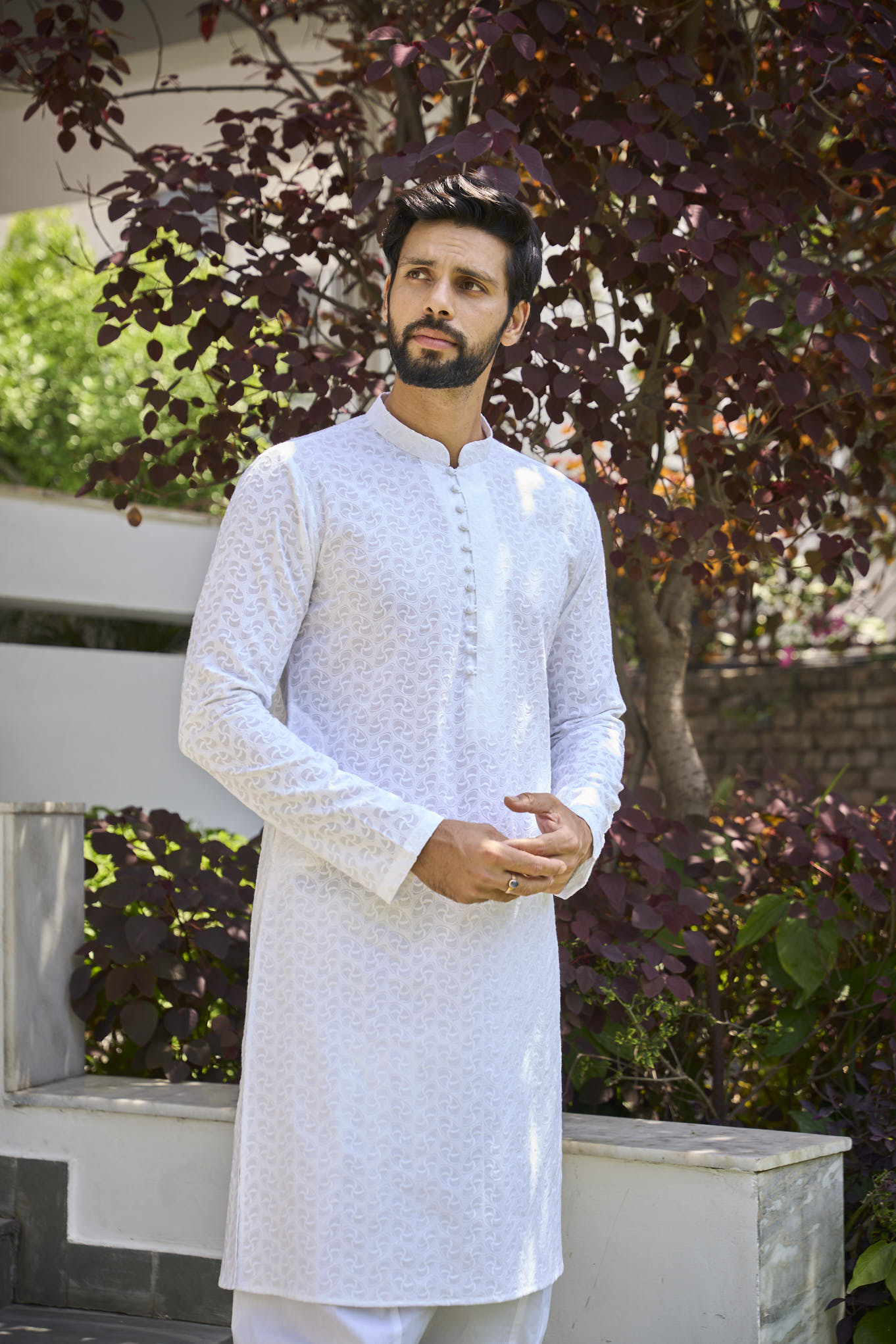 Men White Celestial Wave Chikankari Embroidered Straight Kurta