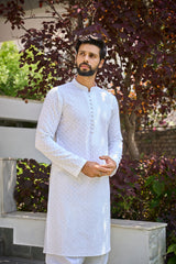 Men White Celestial Wave Chikankari Embroidered Straight Kurta