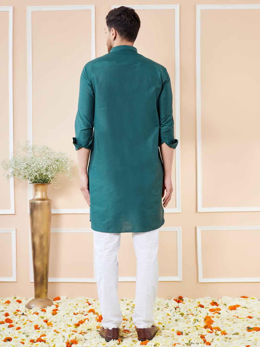 Men Green Cotton Solid Pathani Kurta with Pyjama