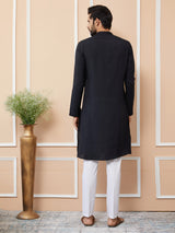 Black Embroidered Chanderi Silk Straight Kurta with Pyjama