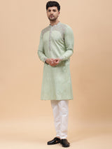 Men Lime Green & Grey Silk Woven Design Straight Kurta