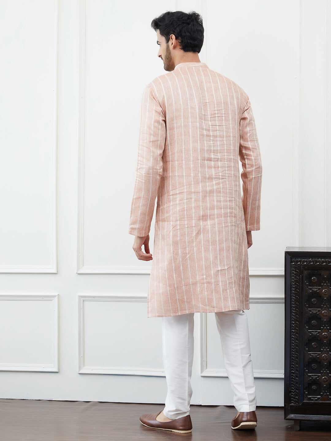 Men Peach Thread Work Cotton Kurta Set