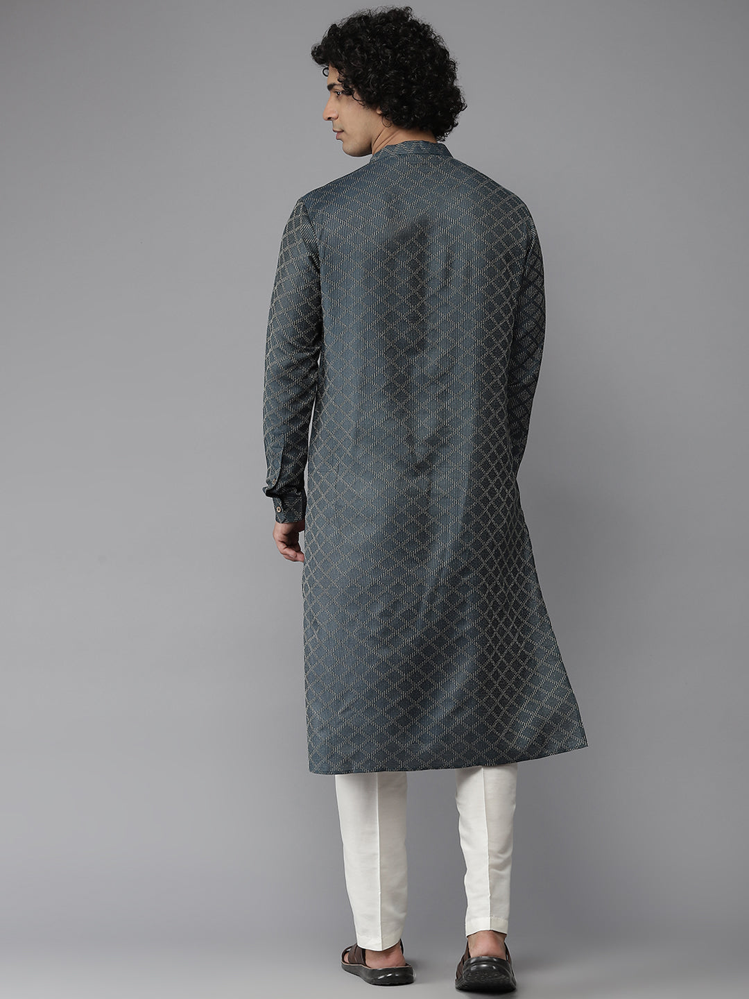 Men Green & Gold-Toned Cross Woven Design Kurta