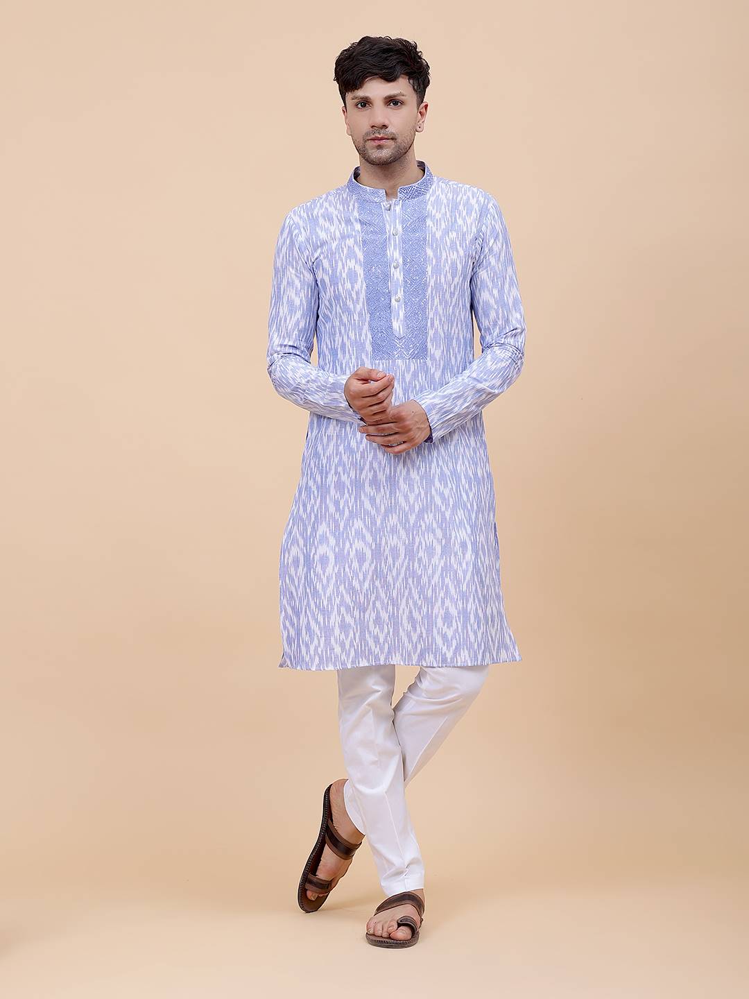 Men Blue & White Yoke Design Embroidered Cotton Kurta