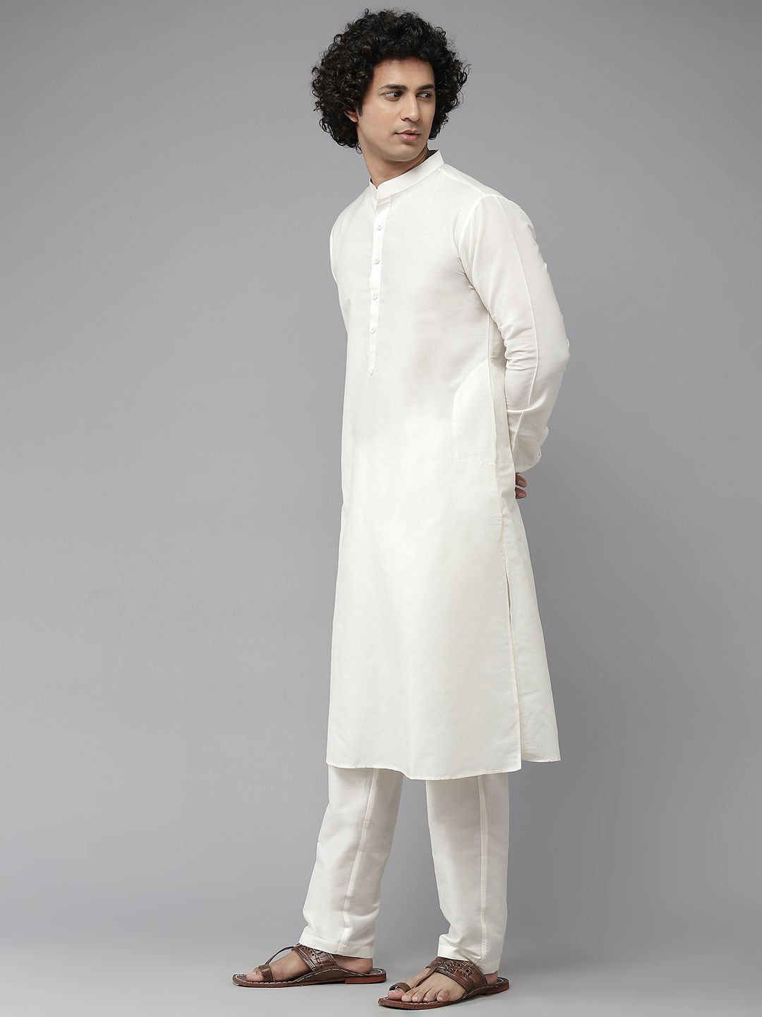 Men Blue & White Solid Kurta Pajama With Nehru jacket