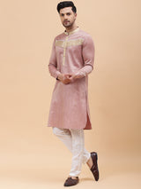 Men Tan & Khaki Silk Woven Design Straight Kurta With pyjama