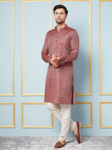 Men Burgundy & Gold Woven Design Thread Work Kurta With pyjama
