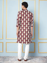 Men Maroon,Mustard And White Printed Kurta