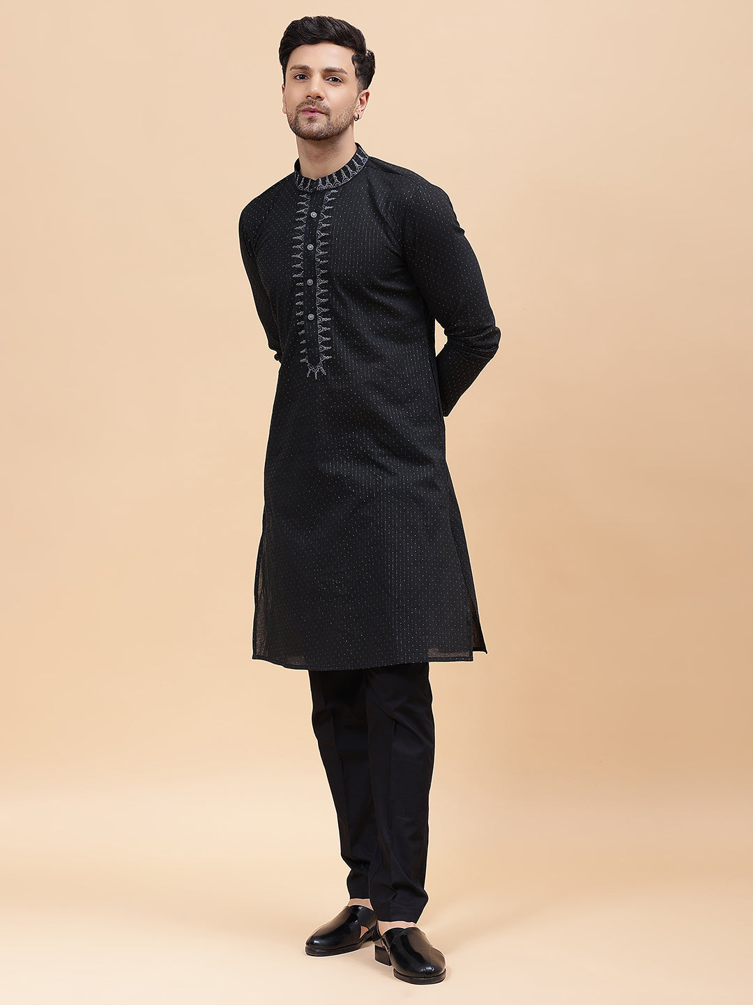 Men Black & Silver Silk Woven Design Straight Kurta With pyjama