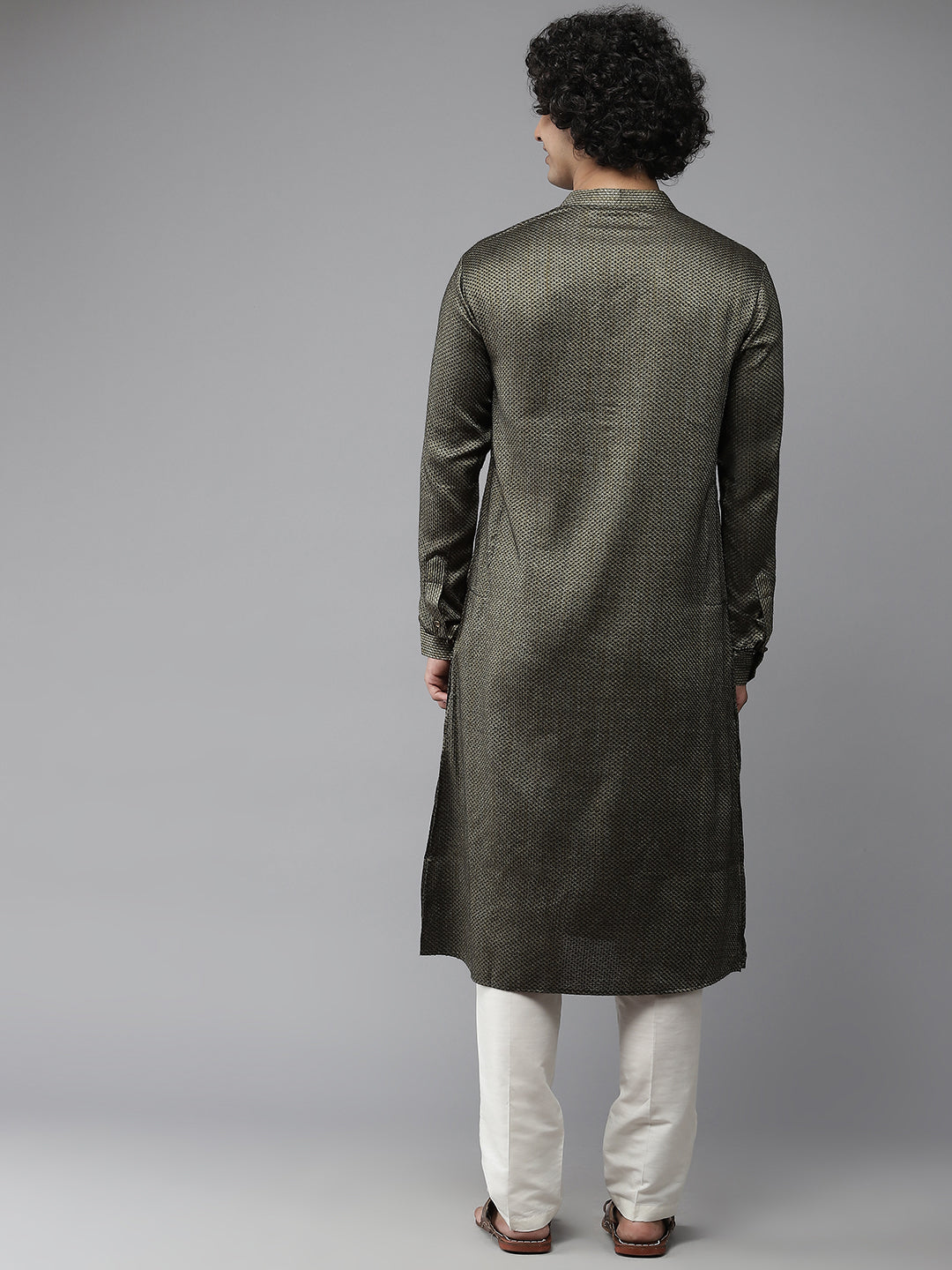 Men Green & Gold-Toned Woven Design Kurta