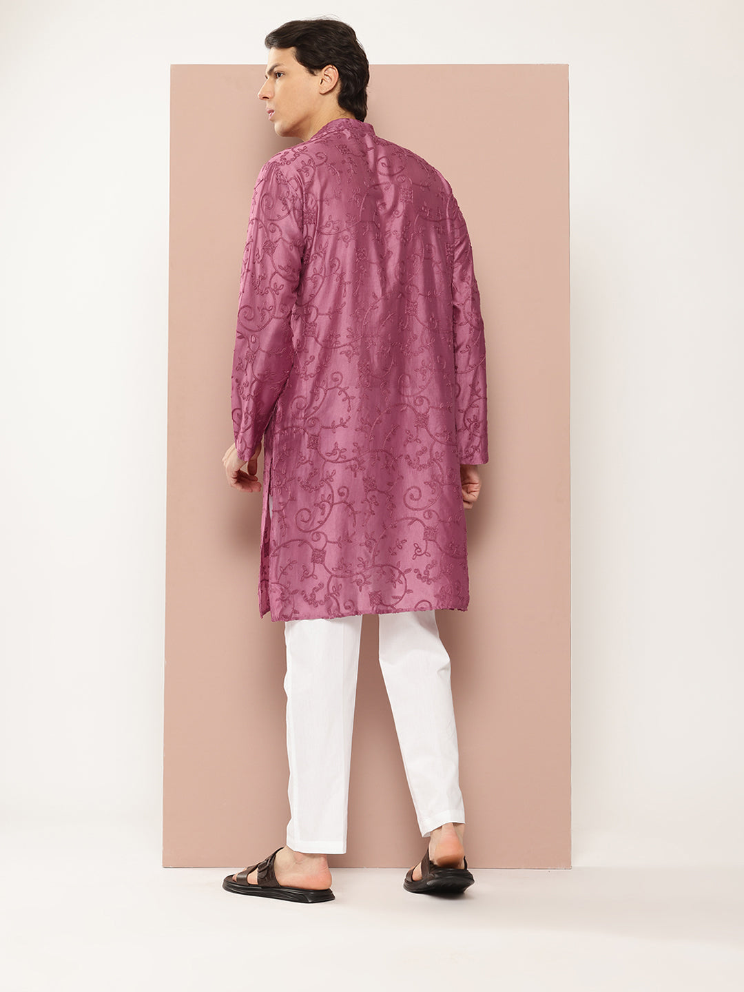 Men Magenta Embroidered Thread Work Chanderi Silk Straight Kurta