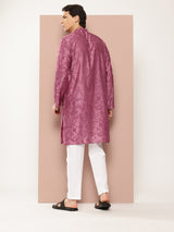 Men Magenta Embroidered Thread Work Chanderi Silk Straight Kurta