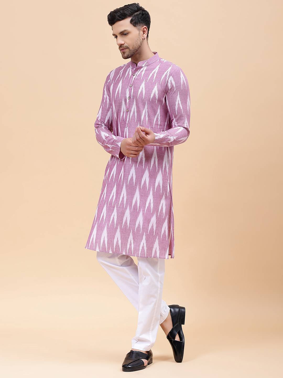 Men Lavender & White Pure Cotton Printed Straight Kurta With Pajama