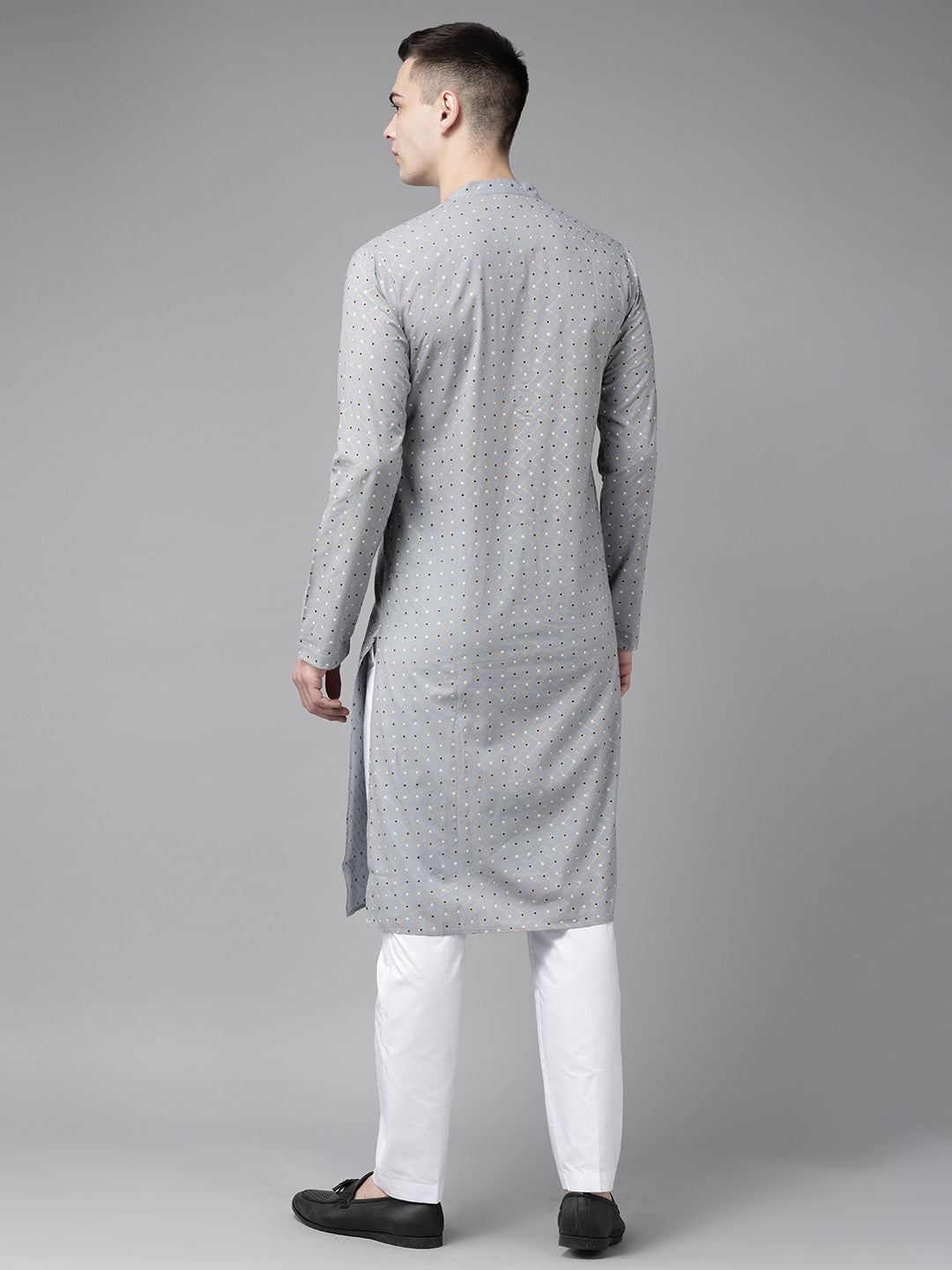 Riwaat.com Men Grey & Gold Printed Straight Kurta With Pajama Riwaat Printed