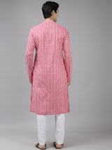 Men Pink And Gold Printed Thread Work Kurta