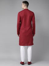 Men Maroon & Gold Printed Straight Kurta With Pajama