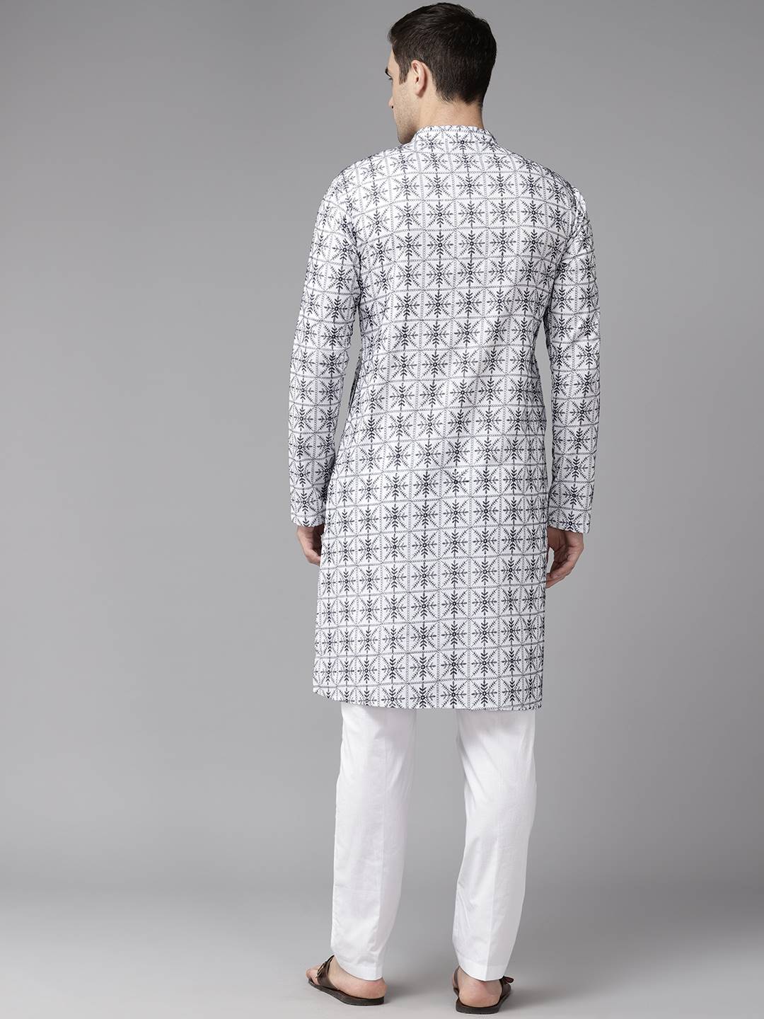 Men Off White & Blue Pure Cotton Embroidered Straight Kurta With Pajama