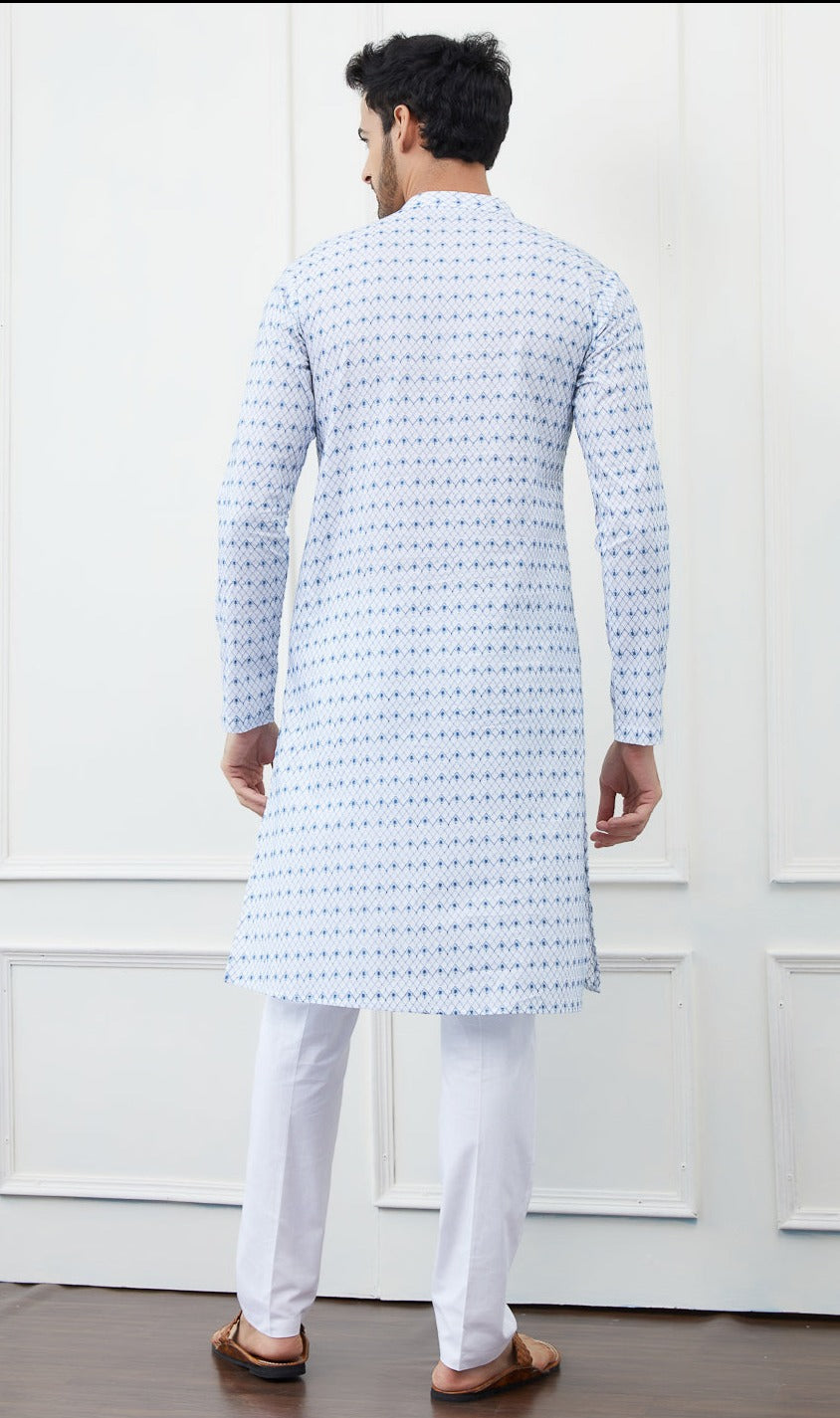 Men White And Blue Chikankari Embroidery Cotton Kurta