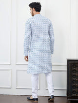 Men White with Blue Geometric Pattern Chikankari Embroidered Cotton Kurta Set