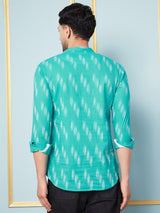 Men Turquoise & White Printed Cotton Short Kurta