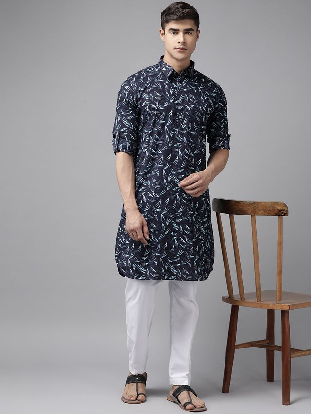 Men Indigo Regular Pure Cotton Pathani Printed Men's Kurta