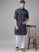Men Indigo Regular Pure Cotton Pathani Printed Men's Kurta
