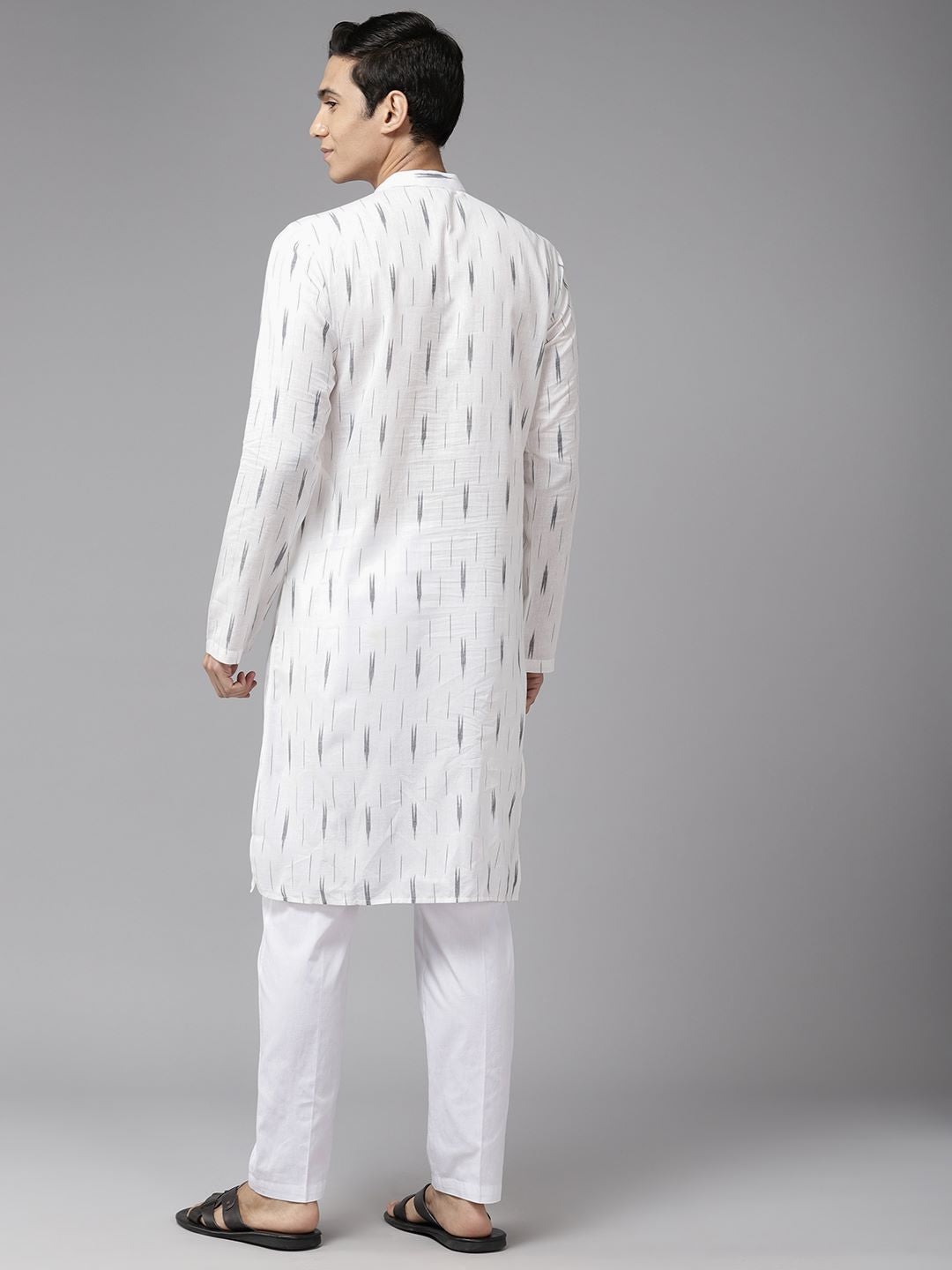 Men White & Black Pure Cotton Embroidered Straight Kurta With Pajama