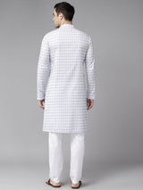 Men Ivory White with Sky Blue Pattern Pure Cotton Embroidered Straight Kurta With Pajama