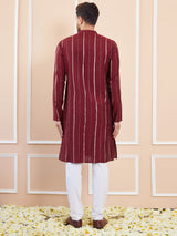 Men Burgundy And Gold Chanderi Silk Sequins Kurta With Pyjama