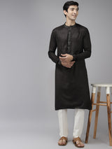 Men Olive & Beige Toned Woven Design Thread Work Kurta