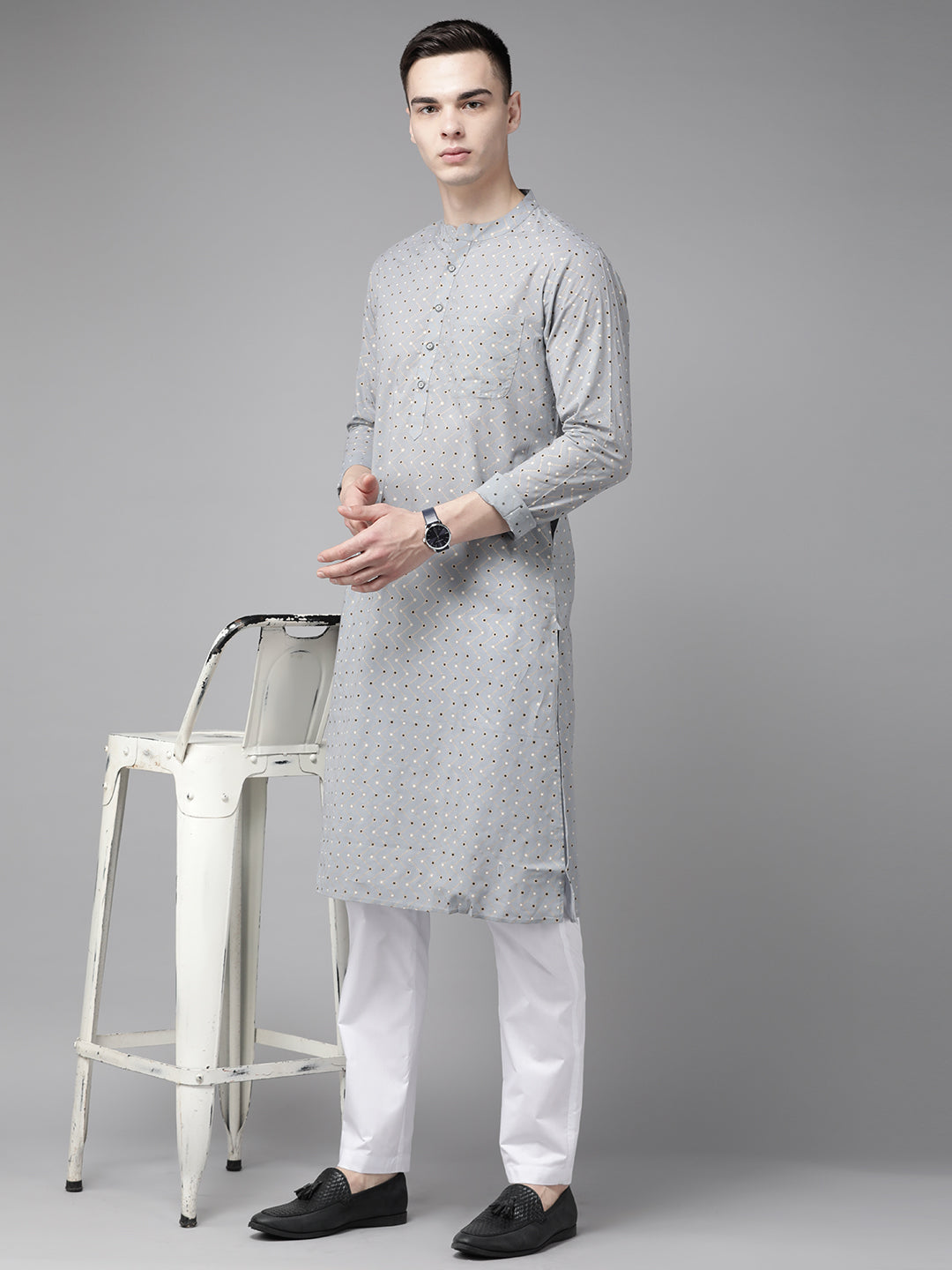 Riwaat.com Men Grey & Gold Printed Straight Kurta With Pajama Riwaat Printed