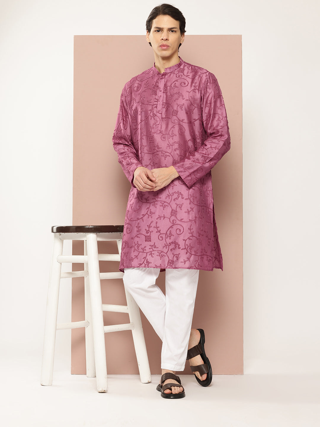 Men Magenta Embroidered Thread Work Chanderi Silk Straight Kurta