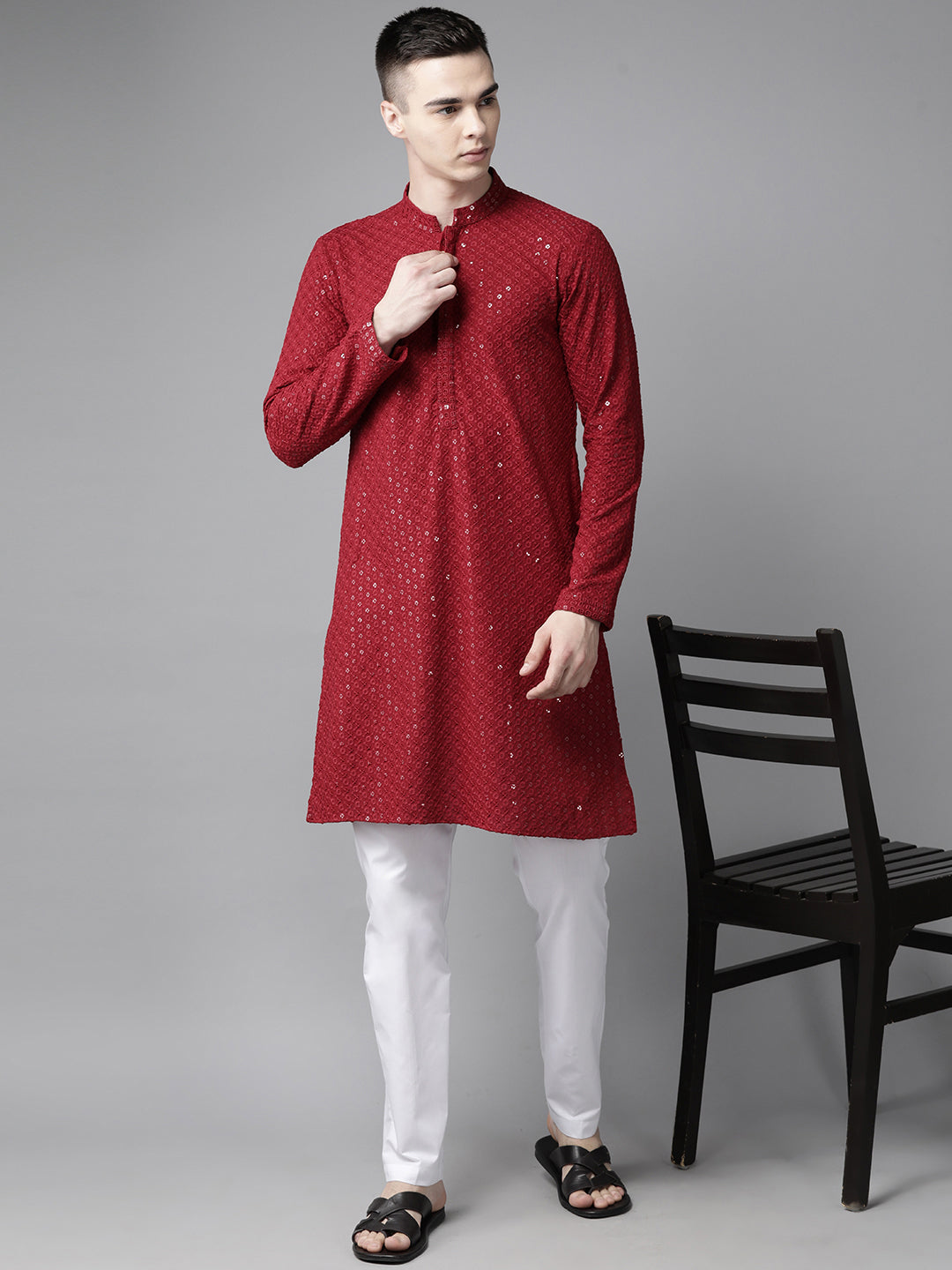 Men Maroon Floral Embroidered Sequins Rayon Kurta With pyjama