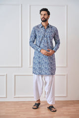 Men Blue Regular Pure Cotton Pathani Kurta With White Salwar
