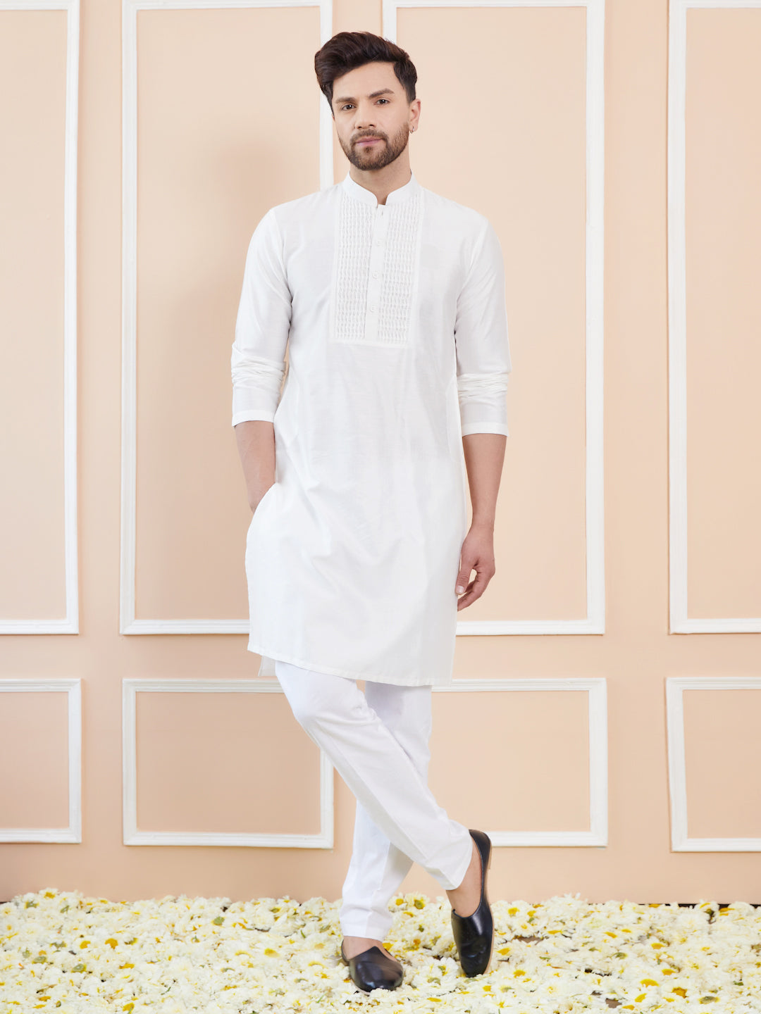 Off White Cotton Solid Straight Kurta with Pintuck Yoke Neck