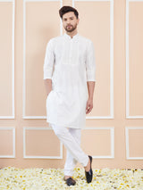 Off White Cotton Solid Straight Kurta with Pintuck Yoke Neck