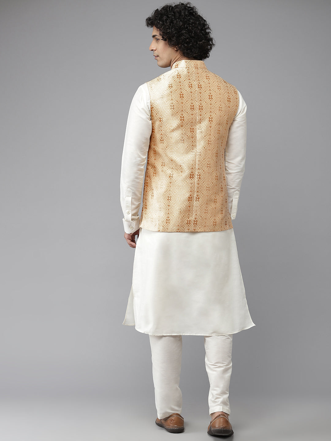 Riwaat.com Men White Solid Kurta Pajama With Elegant Golden Enigma Nehru jacket Riwaat Indo Western