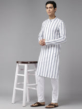 Men White with Navy Blue Vertical Pattern Pure Cotton Embroidered Straight Kurta With Pajama