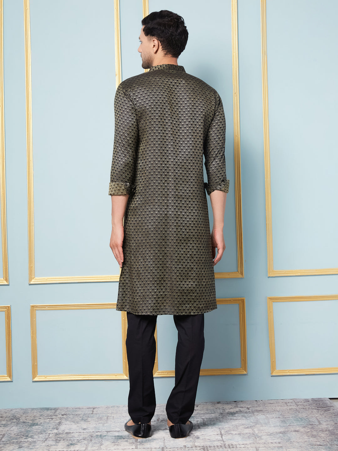 Men Black & Gold Woven Design Thread Work Kurta With pyjama
