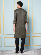 Men Black & Gold Woven Design Thread Work Kurta With pyjama